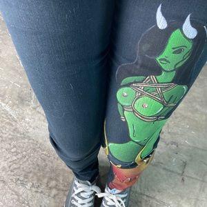 Custom hand painted alien bondage devil black skinny jeans